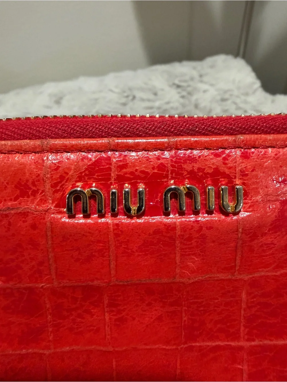Miu Miu Red Croc-Embossed Zip Wallet with Gold Logo